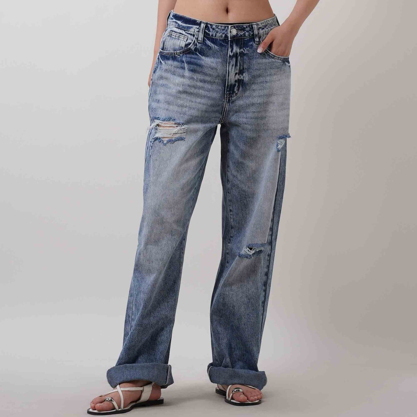 Women's High Waist Straight Leg Jeans - Distressed Wash with 5-Pocket Design Cherie Code
