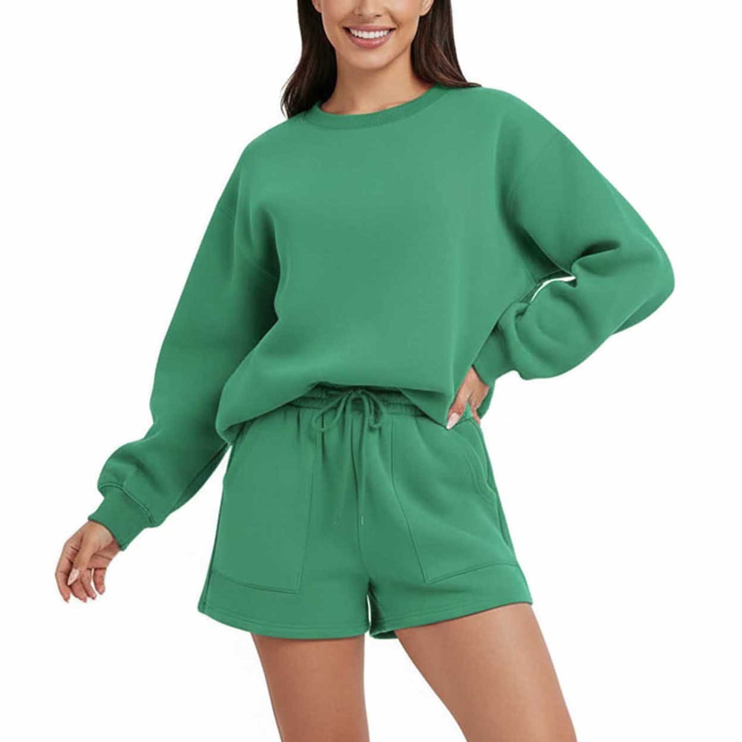 Cherie Code Women's Green Long Sleeve Cotton Sweatshirt and Shorts Set – Casual Fit with Elastic Waist and Pockets