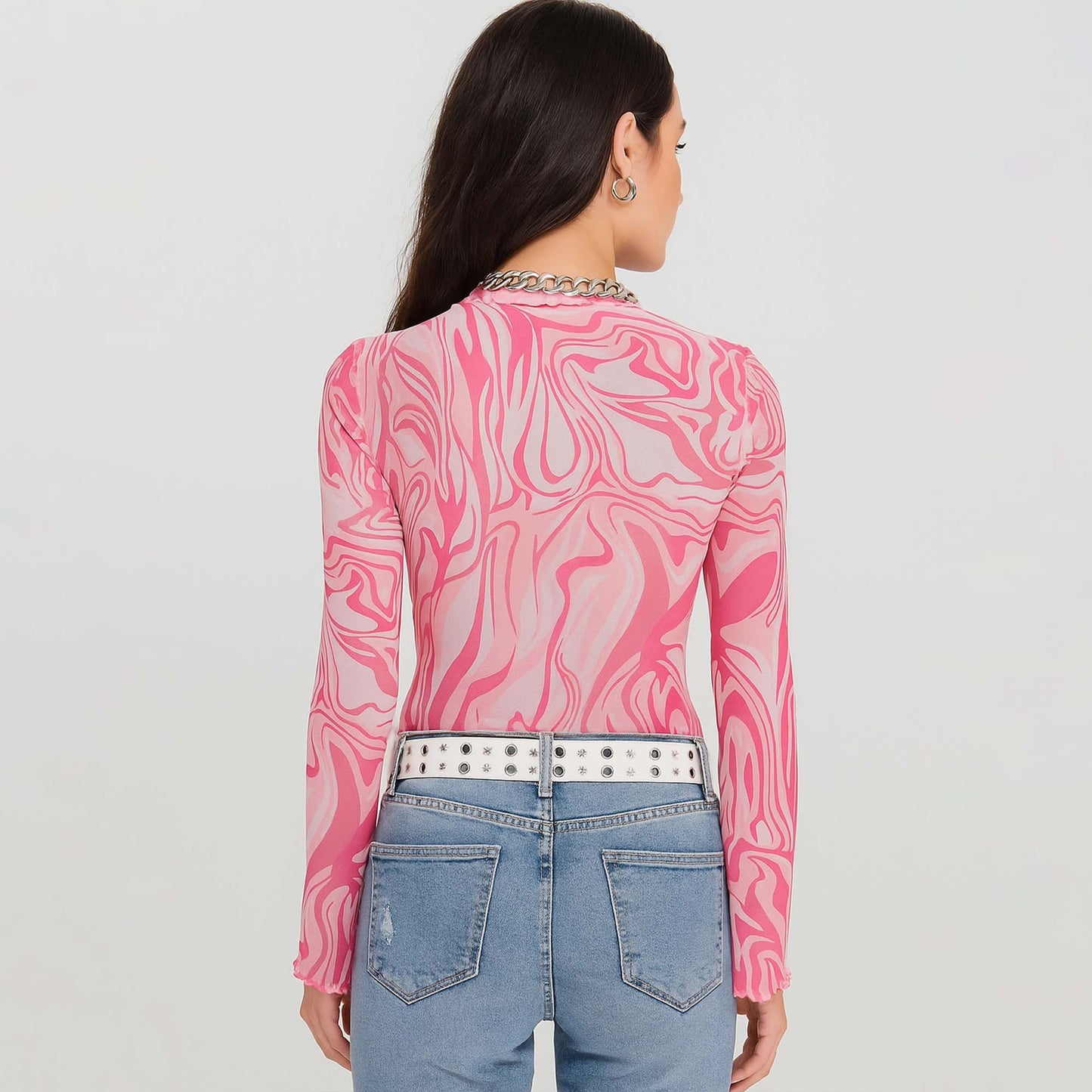 Cherie Code Women's Pink Printed Mesh Flare Sleeve Crop Top – Stretch Slim Fit Turtleneck Blouse