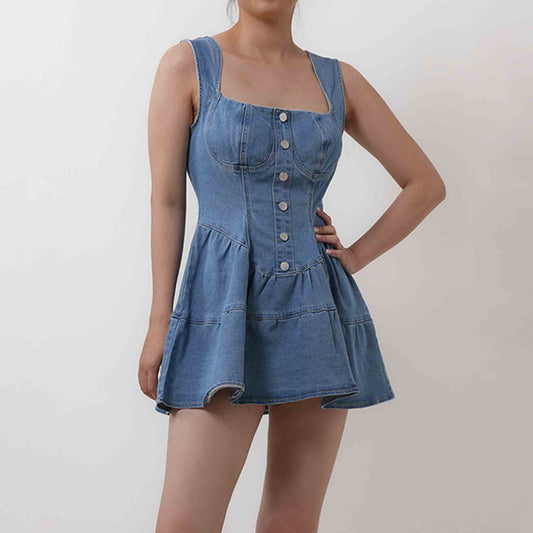 Casual Denim Blue Mini Dress - Strappy Sleeveless with Silver Button Details Cherie Code