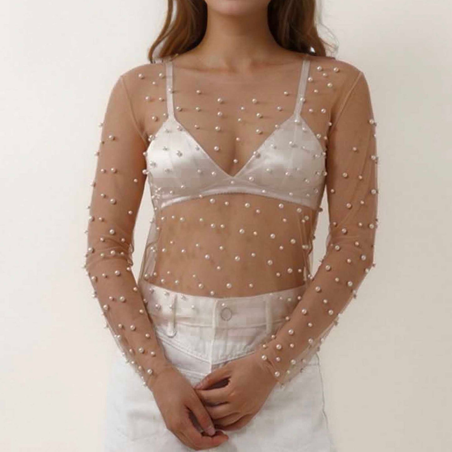 Chic Long Sleeve Sheer Top with Pearl Details - Non-Stretch Polyamide Layering Essential Cherie Code