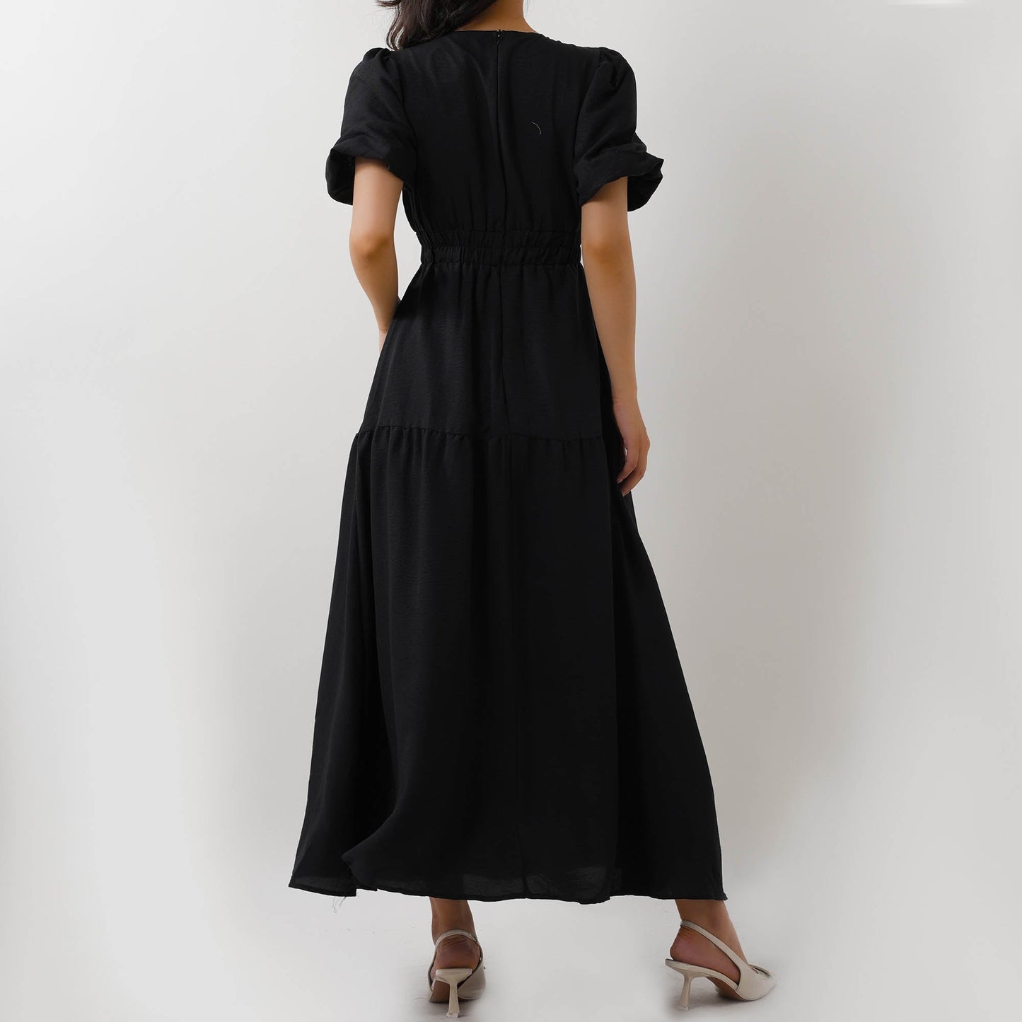 Women's V-Neck Midi Dress - Short Bubble Sleeves & Elastic Waist Casual Dress Cherie Code