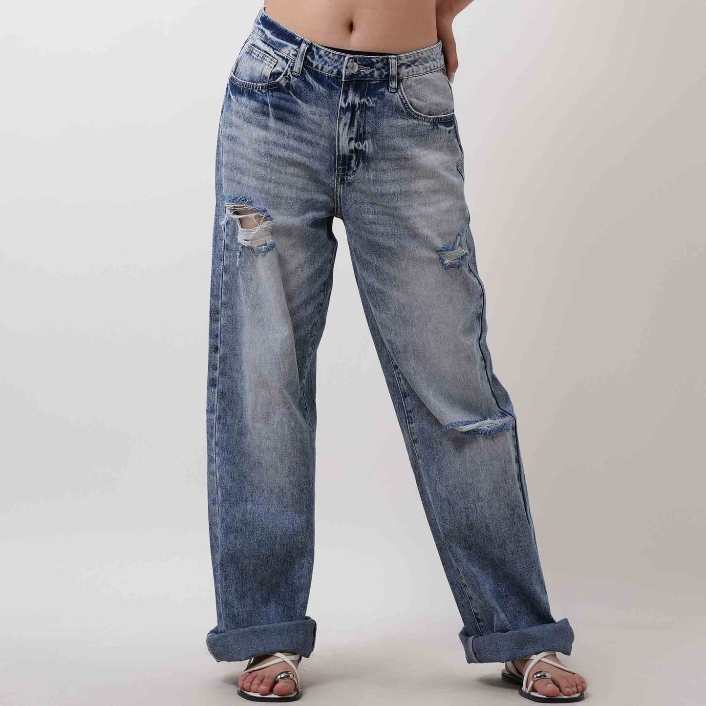 Women's High Waist Straight Leg Jeans - Distressed Wash with 5-Pocket Design Cherie Code