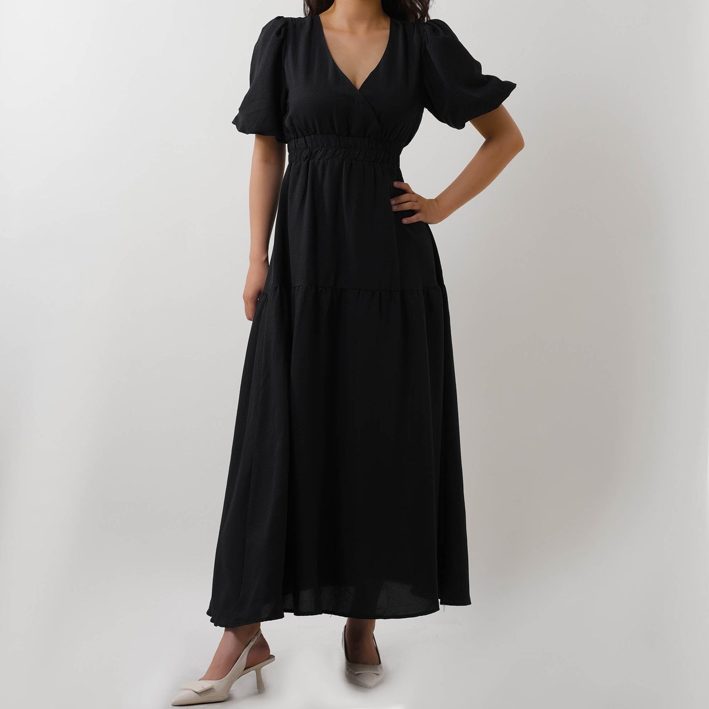 Women's V-Neck Midi Dress - Short Bubble Sleeves & Elastic Waist Casual Dress Cherie Code
