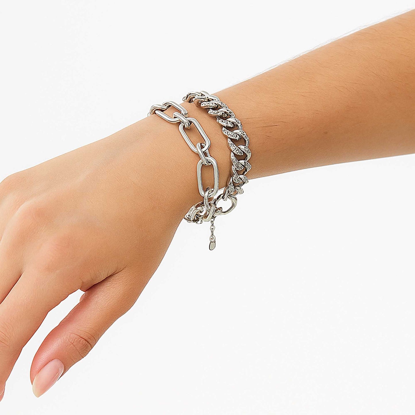Women's 2-Piece Silver Chain Bracelet Set with Rhinestone Accents – Adjustable Layered Link Jewelry by Cherie Code