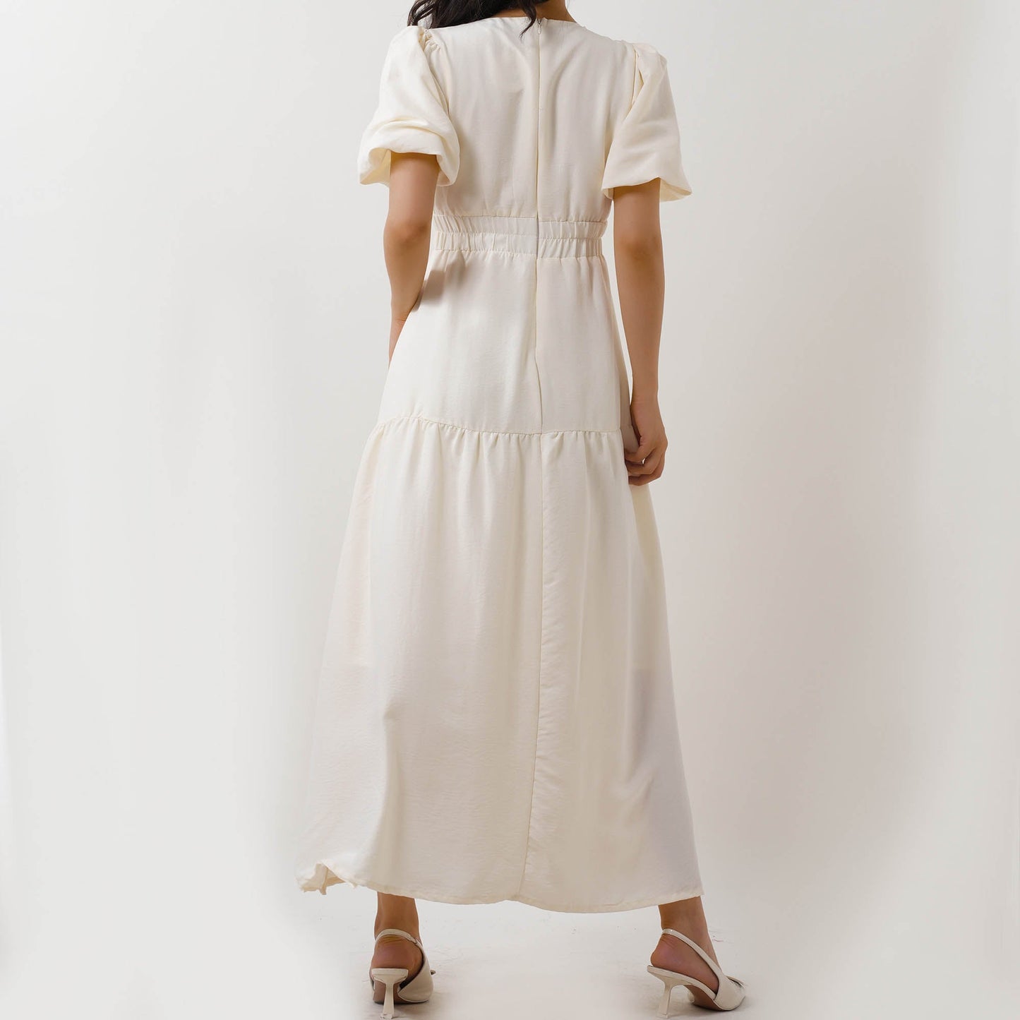 Women's V-Neck Midi Dress - Short Bubble Sleeves & Elastic Waist Casual Dress Cherie Code