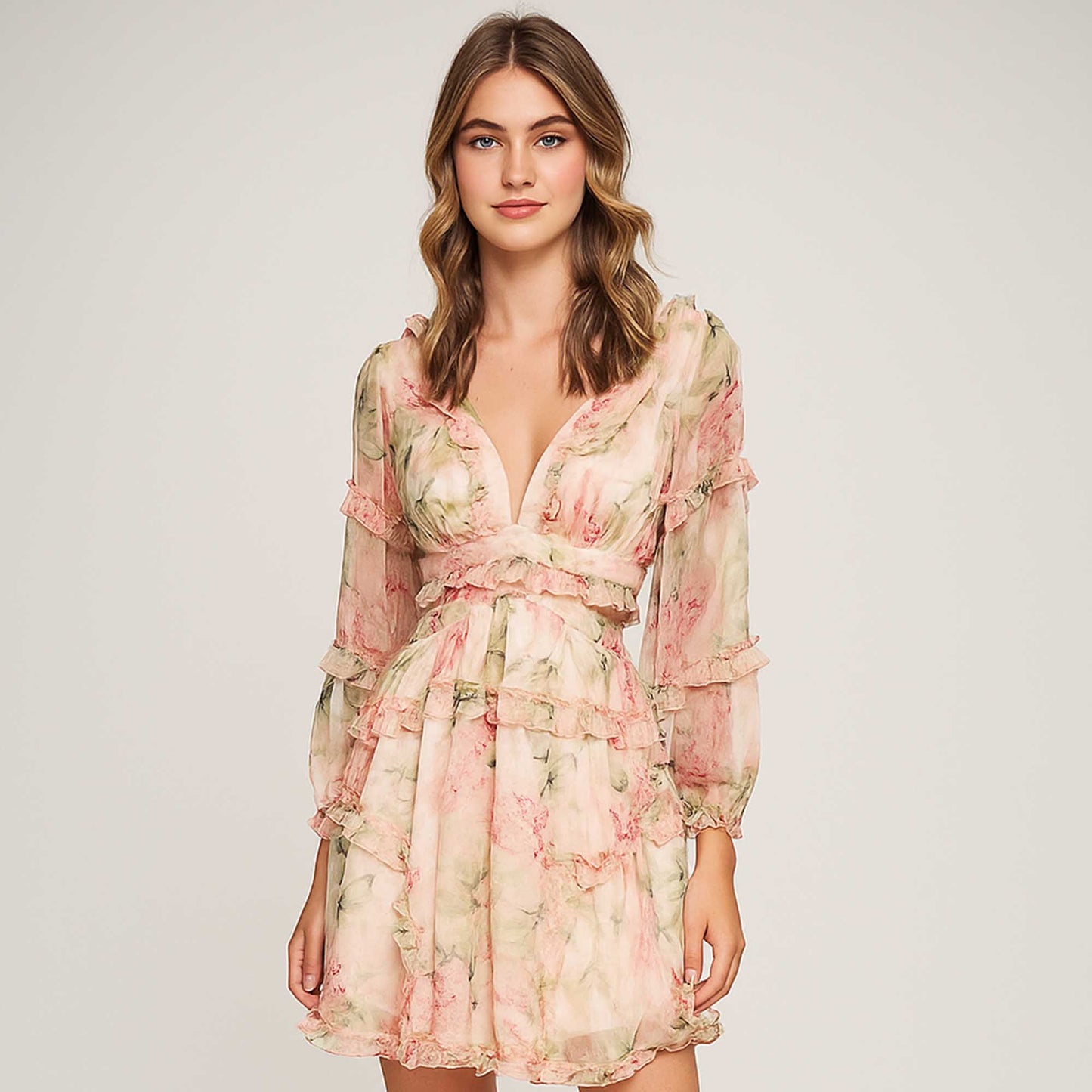 Women's Floral Chiffon V-Neck Ruffle Mini Dress – Romantic Long Sleeve Dress for Spring by Cherie Code