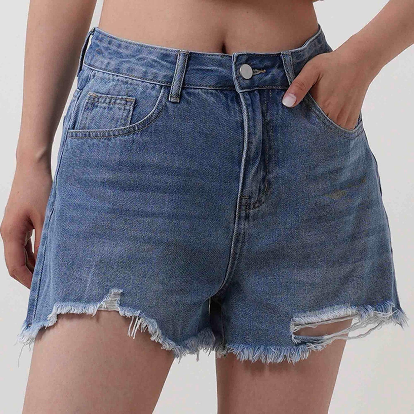 Women's Distressed Denim Shorts - Classic 5-Pocket Style with Button & Zip Closure Cherie Code