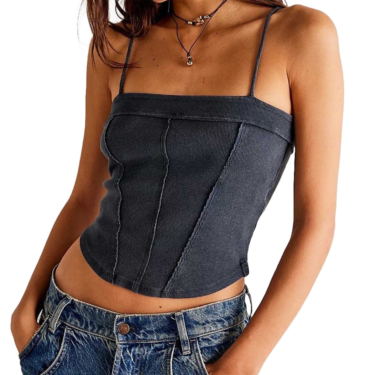 Women's Ribbed Square-Neck Tank Flattering Seam Details, Sleek Casual Fit Cherie Code