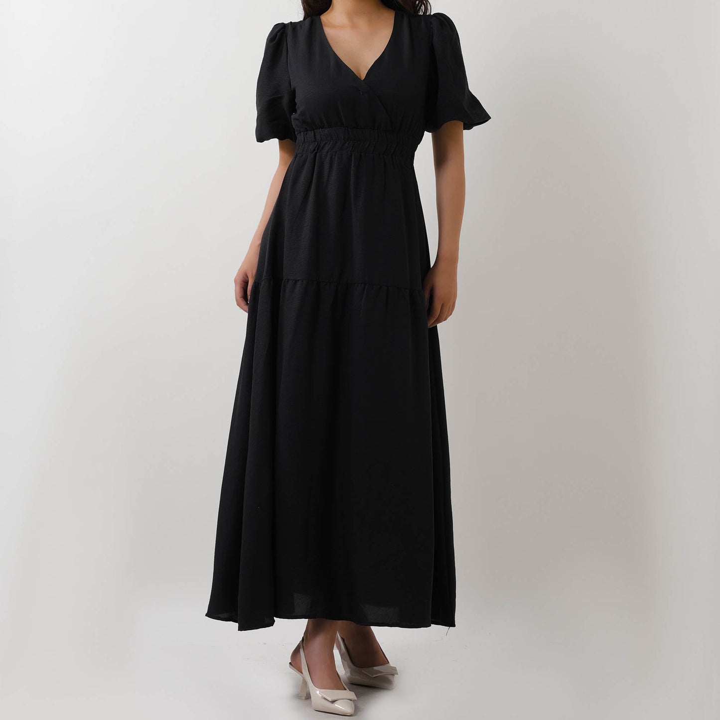 Women's V-Neck Midi Dress - Short Bubble Sleeves & Elastic Waist Casual Dress Cherie Code