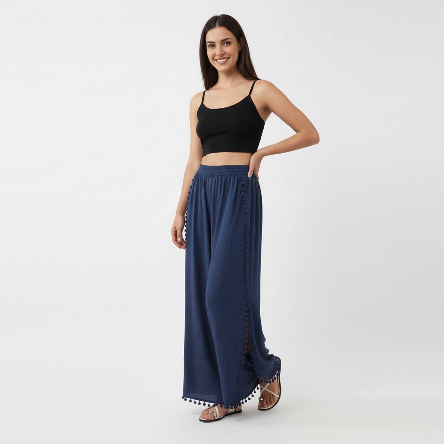 Cherie Code Women's Cotton Wide Leg Pants with Side Split and Pom Trim – Casual Fit