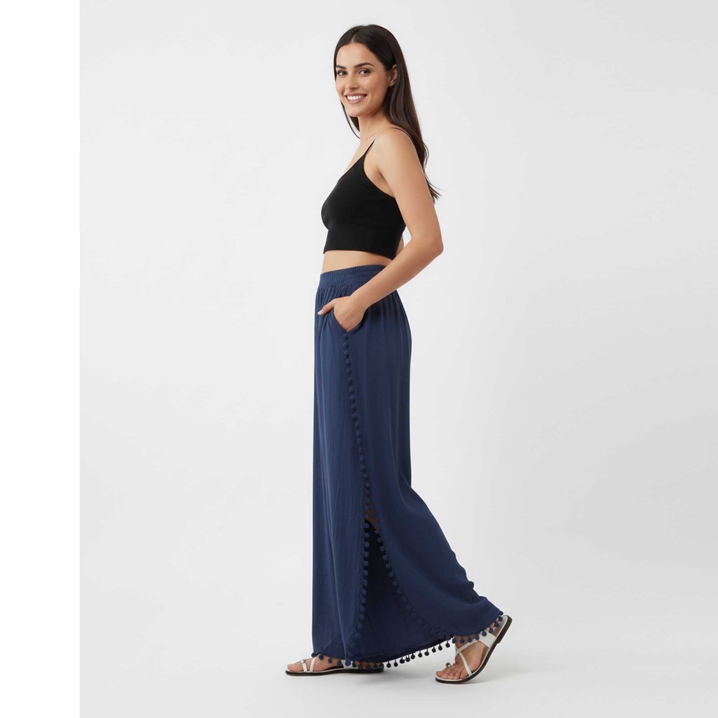 Cherie Code Women's Cotton Wide Leg Pants with Side Split and Pom Trim – Casual Fit