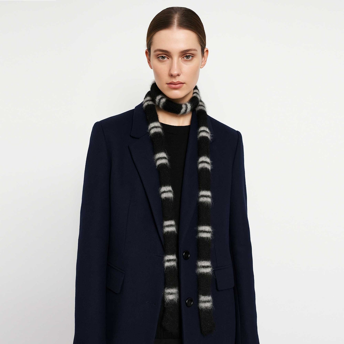 Women's Narrow Striped Knit Scarf – Black & White Skinny Neck Wrap by Cherie Code