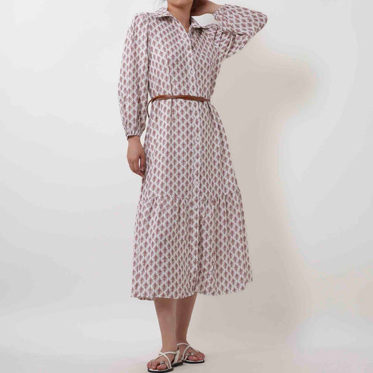 Casual Long Sleeve Midi Dress - Flowing Non-Stretch Fabric with Included Belt Cherie Code