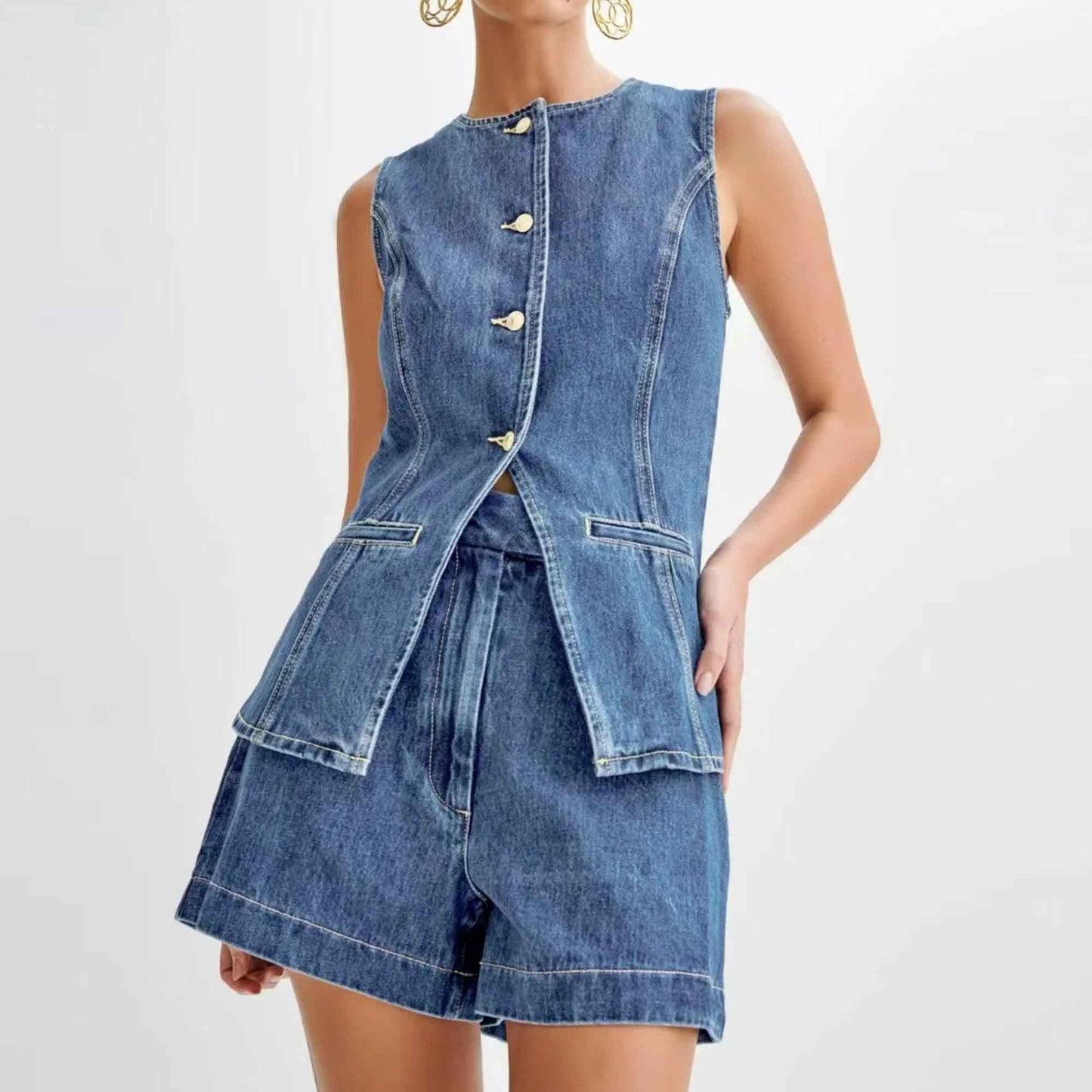 Women's Denim Shorts Set - High Waist Casual Outfit Sleeveless Top with Shorts Cherie Code