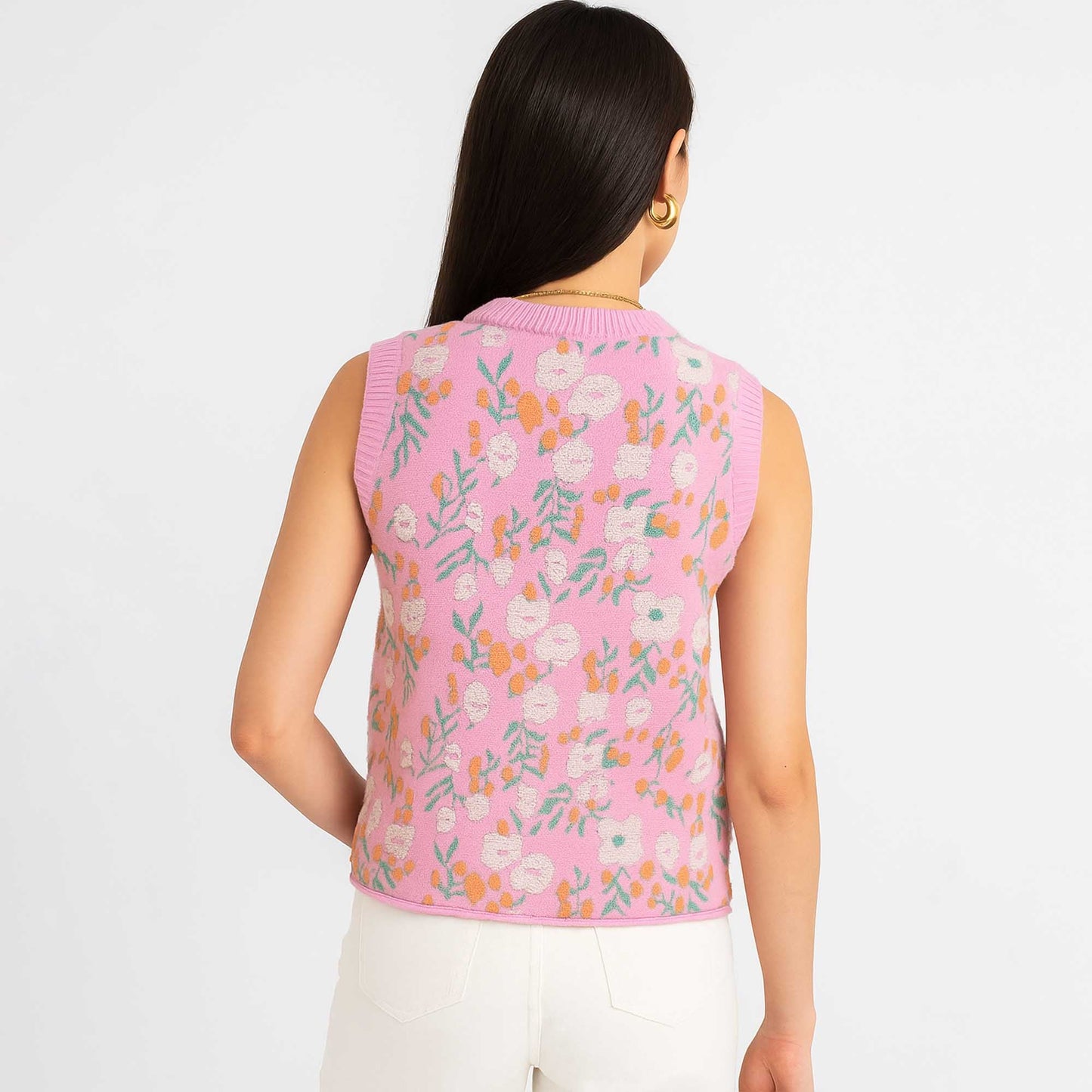 Woman Floral Knit Sleeveless Vest – 40% Acrylic Blend, Casual Fit Cherie Code