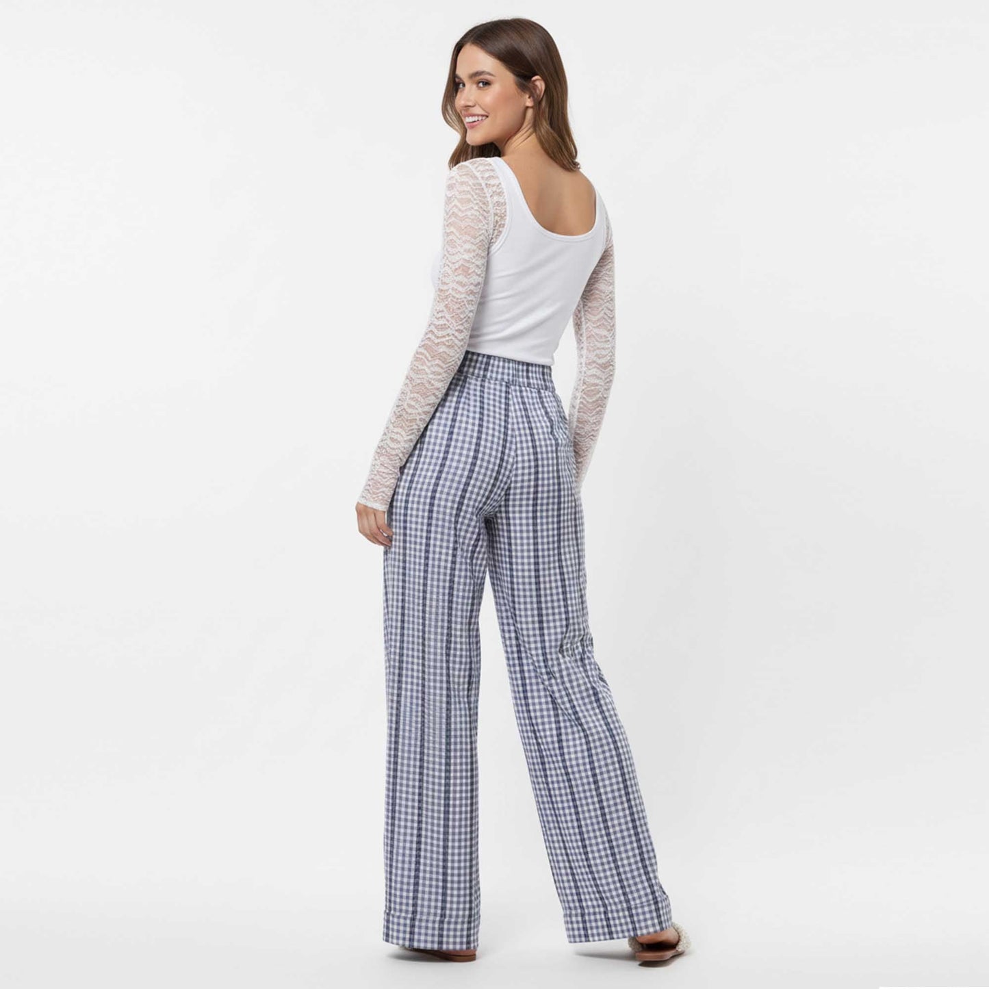 Cherie Code Women's Wide Leg Checkered Pants - Casual Cotton Blend Trousers with Elastic Waist and Pockets