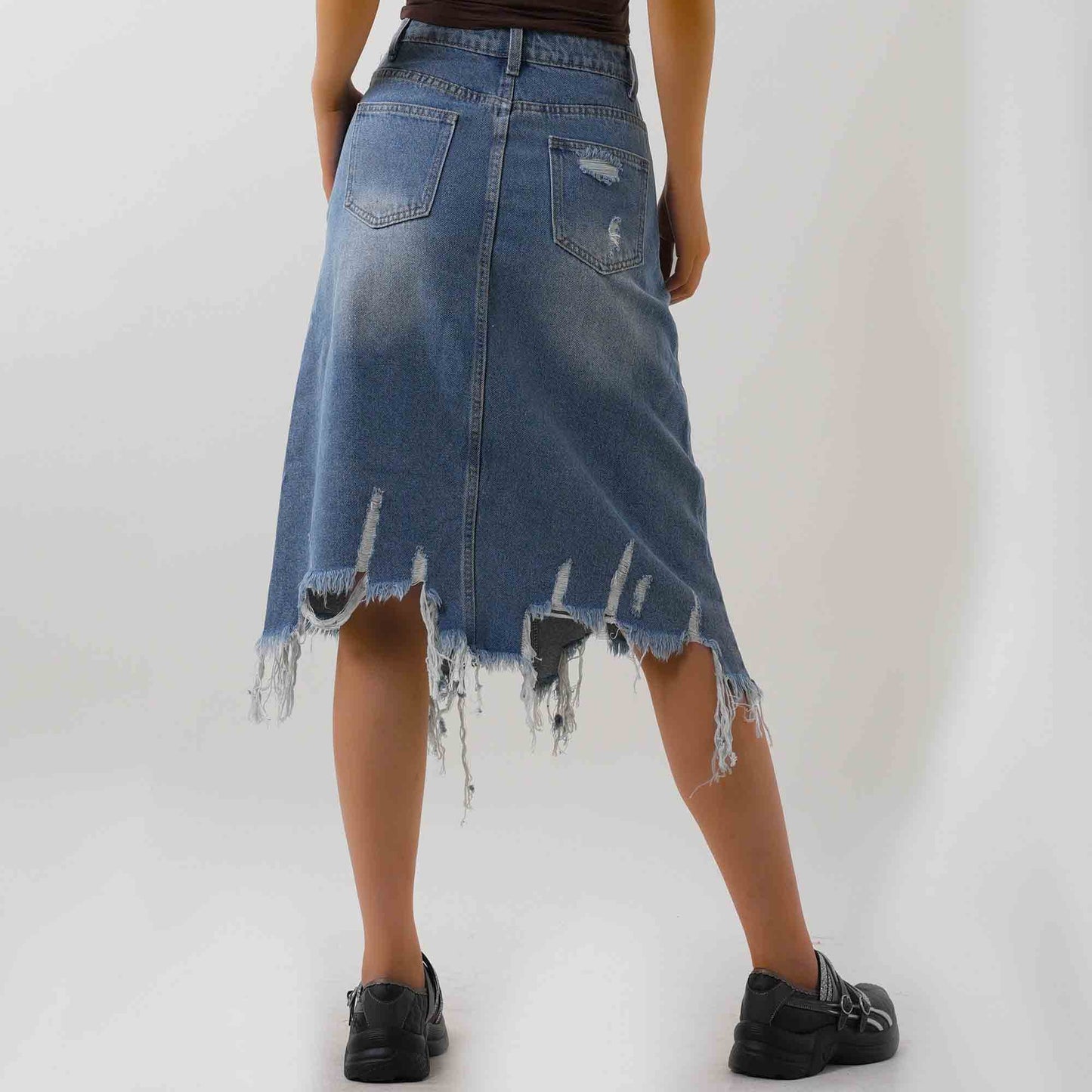 Women's Classic Distressed Denim Midi Skirt - Button & Zip Closure with Functional Pockets Cherie Code