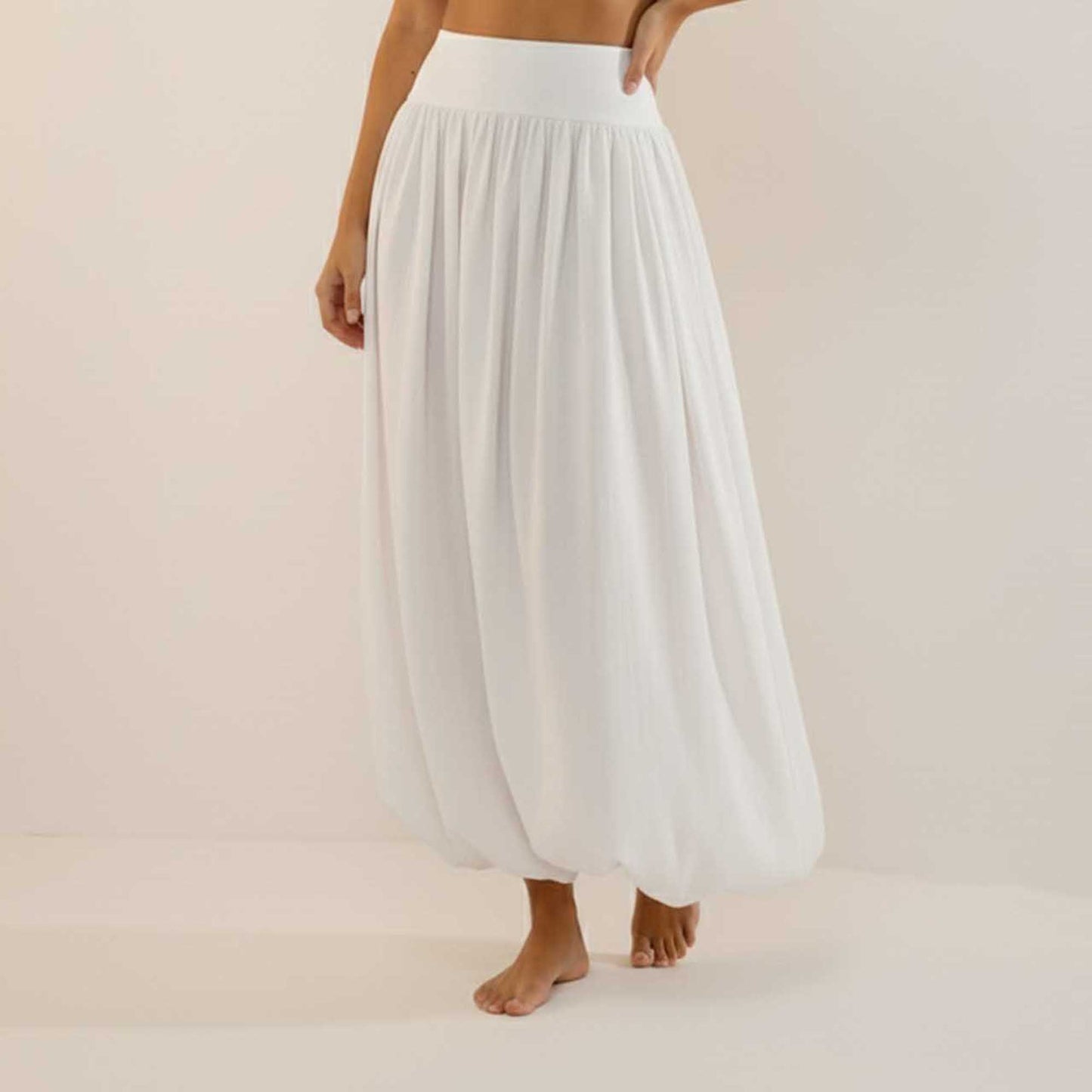Cherie Code Women's White A-Line Maxi Skirt with Bubble Hem and Elastic Waistband