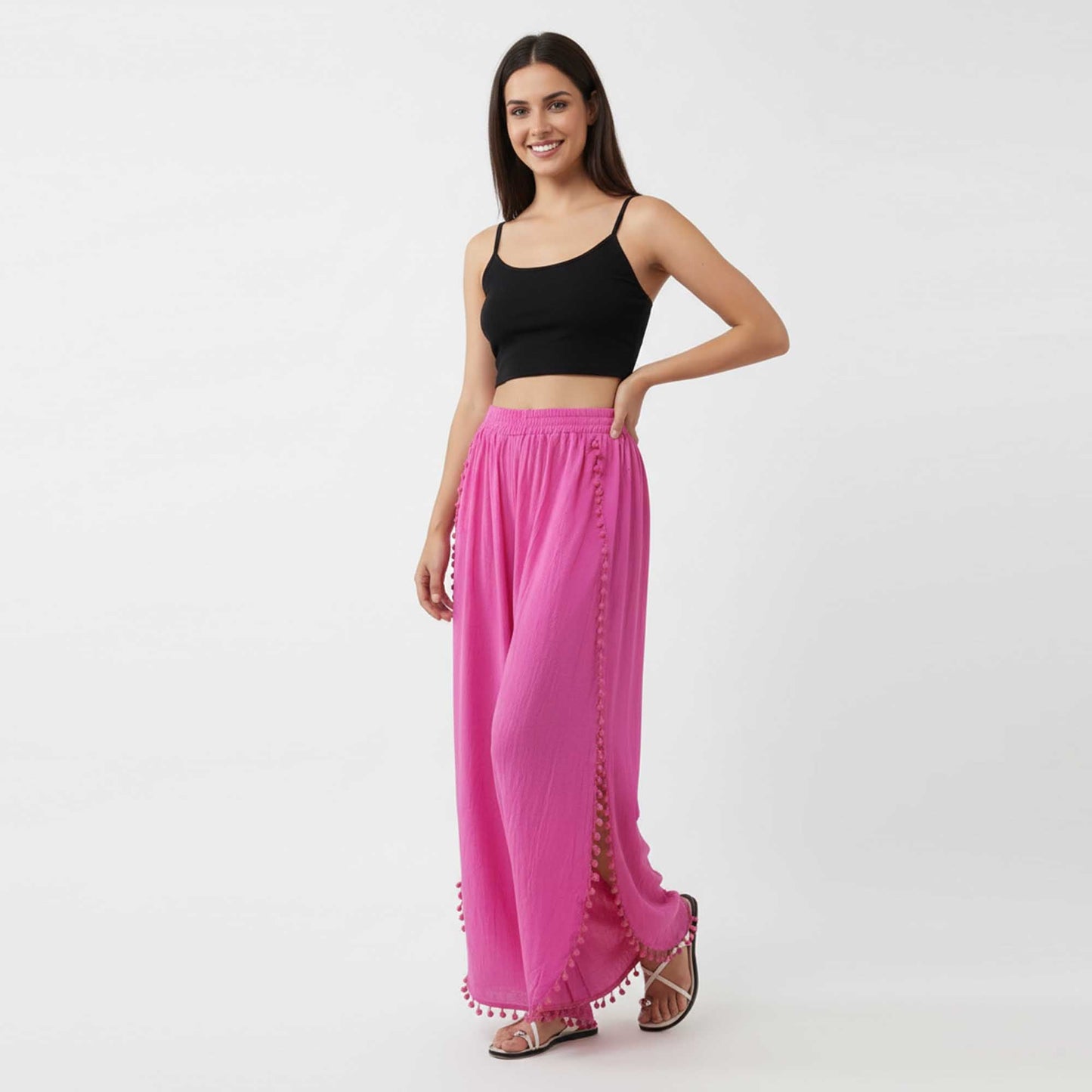 Cherie Code Women's Cotton Wide Leg Pants with Side Split and Pom Trim – Casual Fit