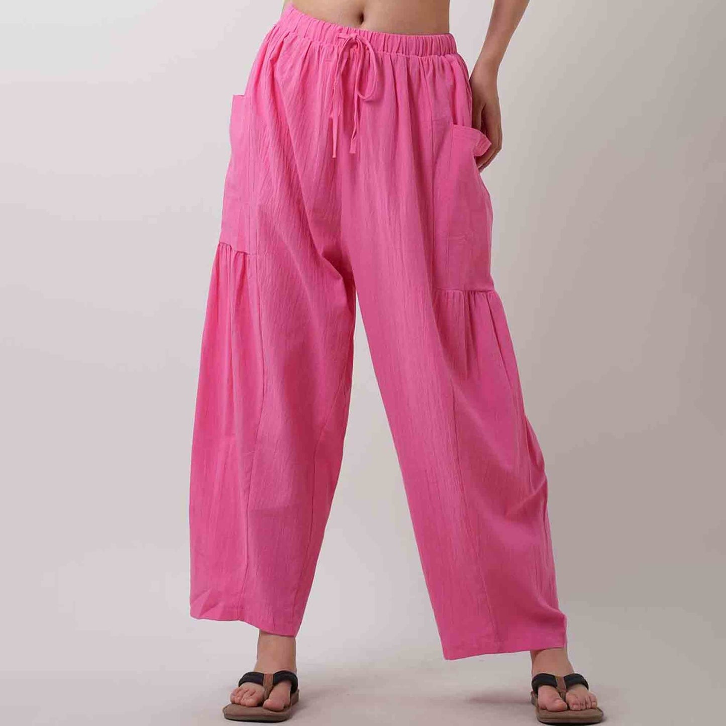 Women's Cotton Drawstring Pants - Relaxed Fit with Elastic Waist & Functional Pocket