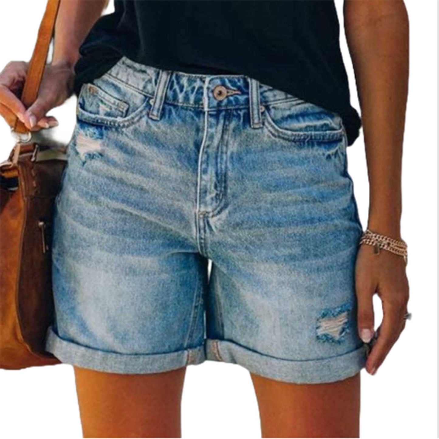 Women's Slim Fit Distressed Denim Shorts - Rolled Hem with Classic 5-Pocket Cherie Code