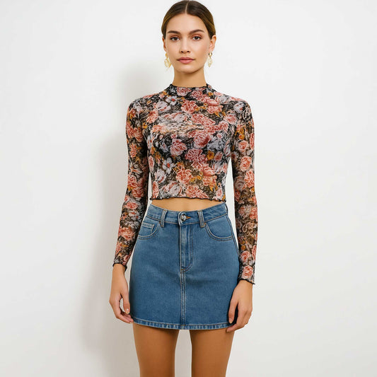 Women's Floral Mesh Long Sleeve Crop Top – Sheer Stretchy Slim Fit Turtleneck Pullover for Layering by Cherie Code