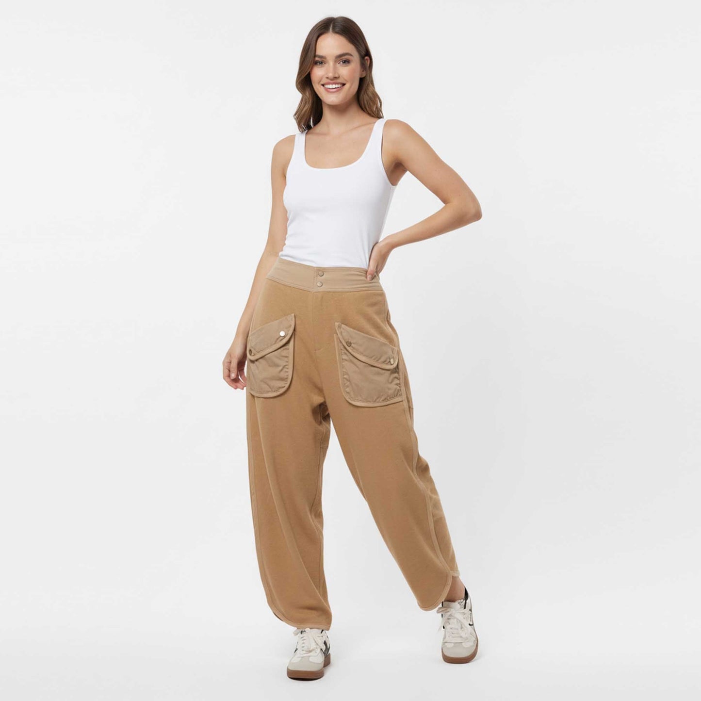 Cherie Code Women's Wide Leg Cargo Pants with Patched Flap Pockets - Mid Rise Casual Trousers