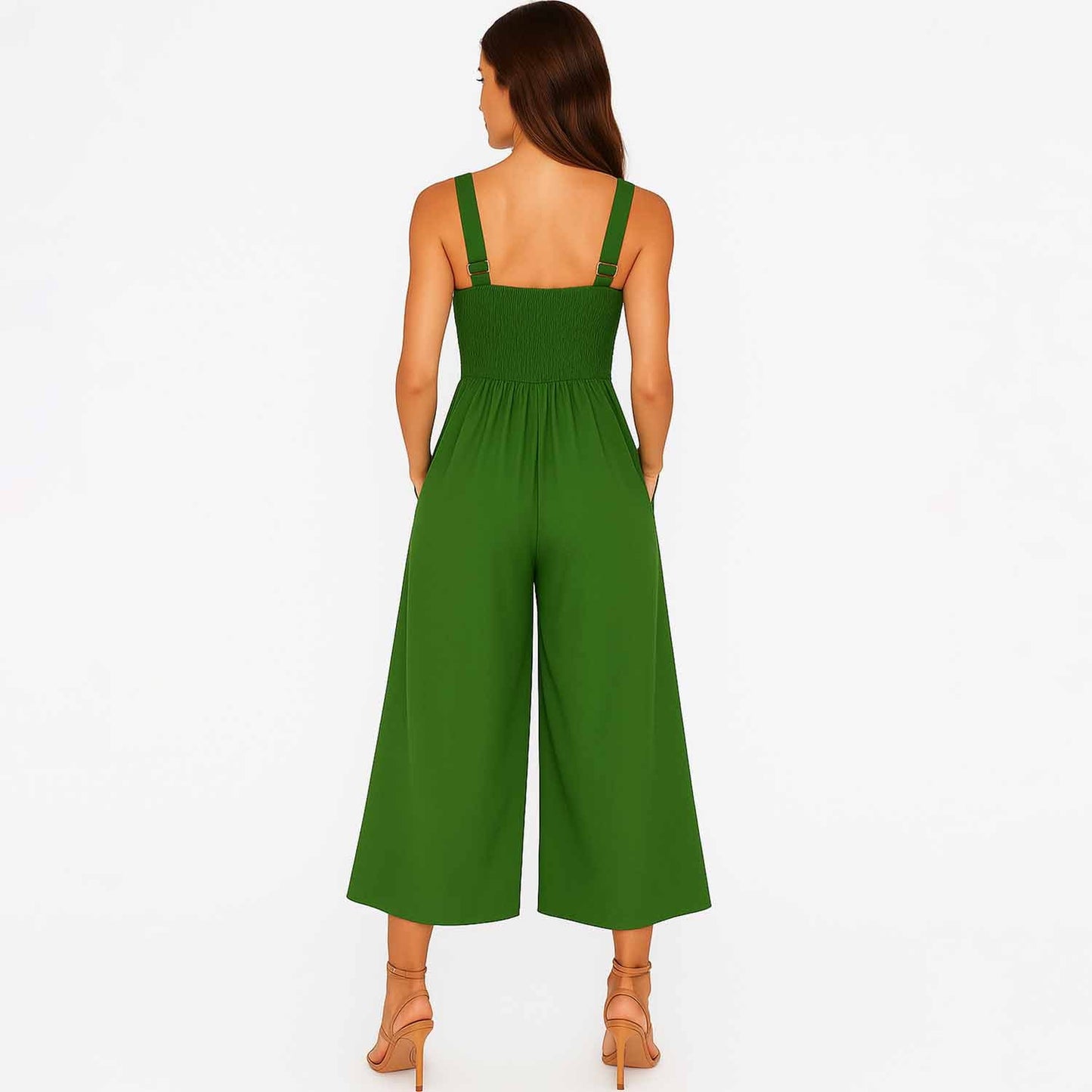 Woman V-Neck Cutout Wide-Leg Jumpsuit – 100% Cotton Casual High Waist Cherie Code