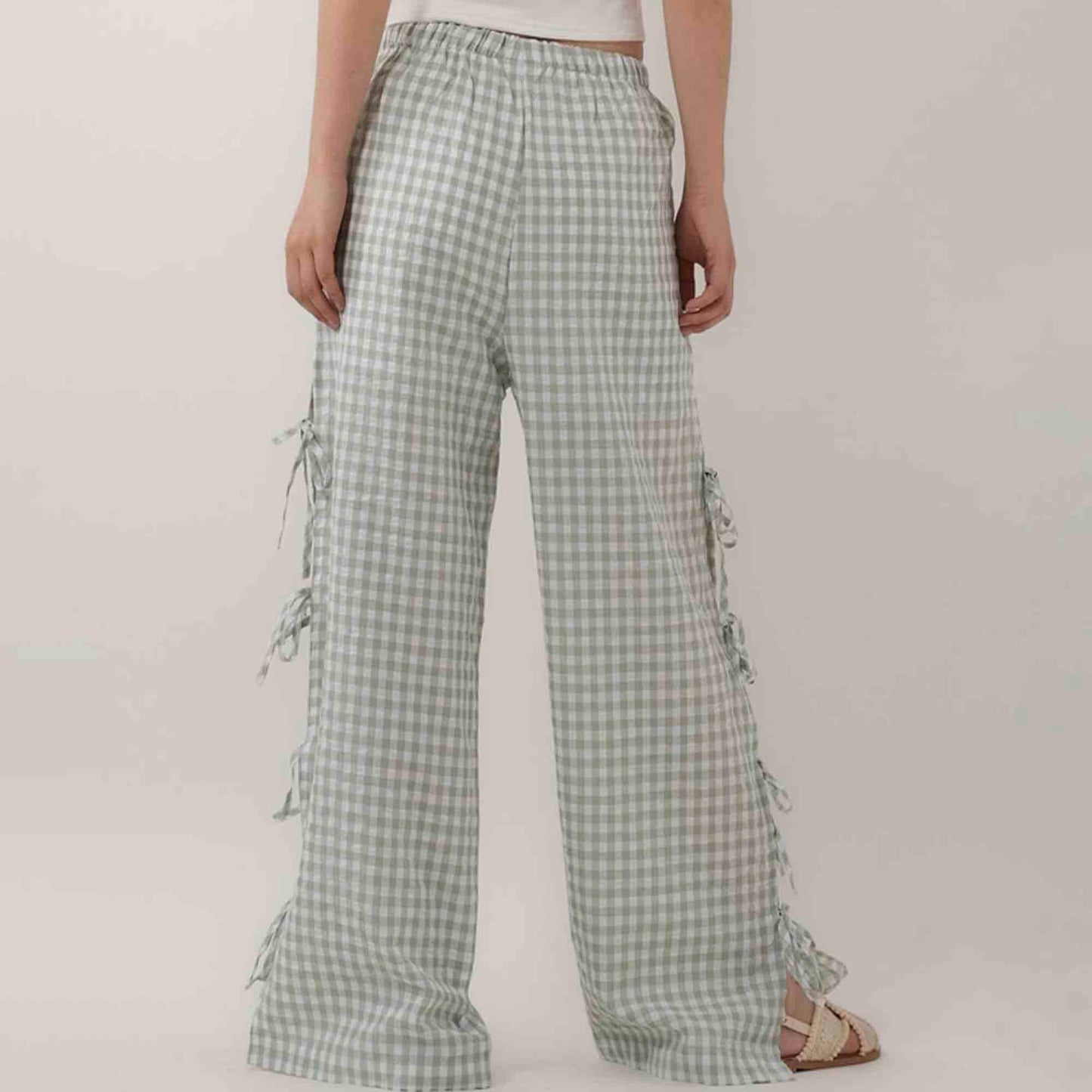 Women Everyday Checked Elastic Waist Side Strape Bowtie Casual Loungewear Pants Cherie Code