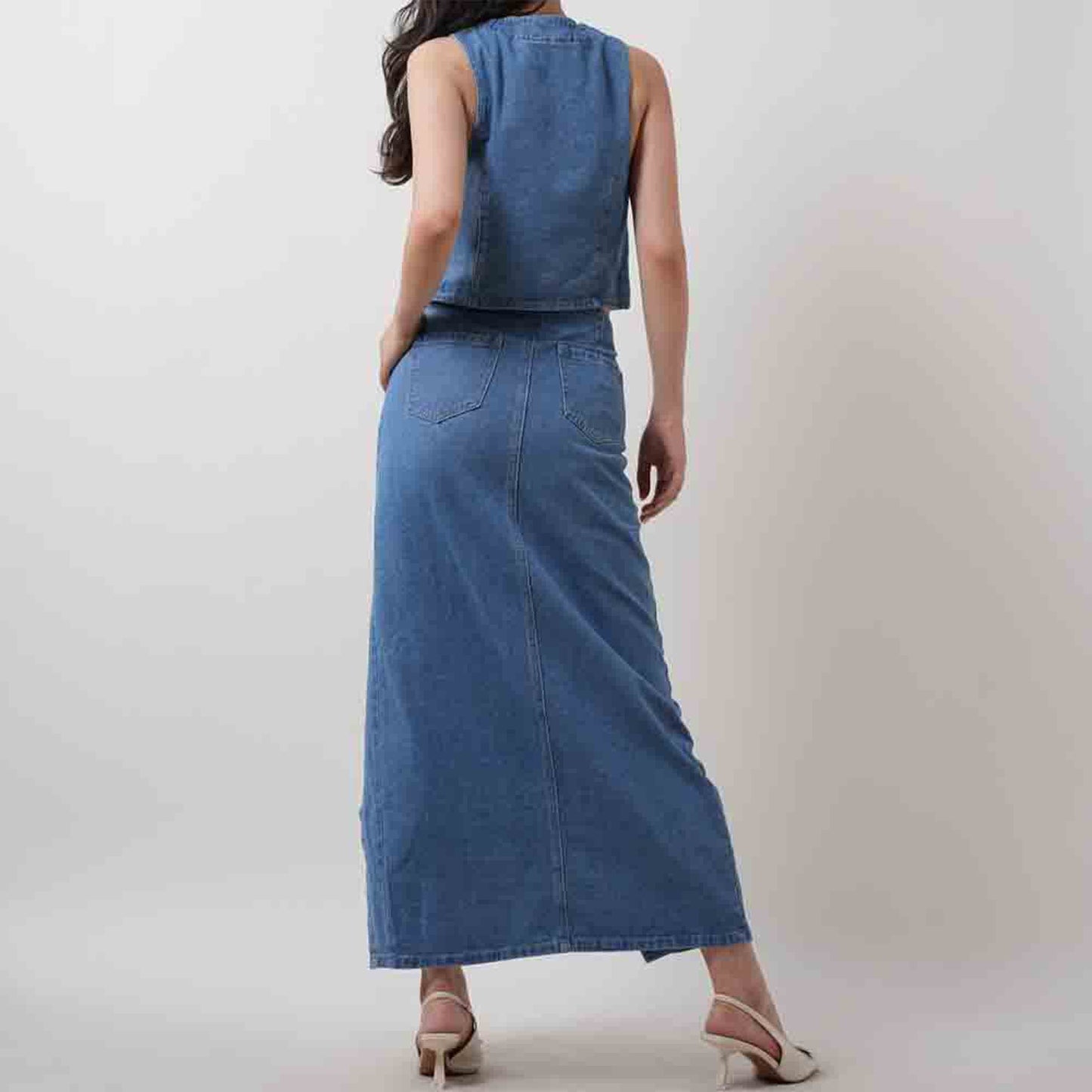 Breathable Denim Vest & Split Hem Skirt Set - Sleeveless with Button Front & Casual Fit Cherie Code