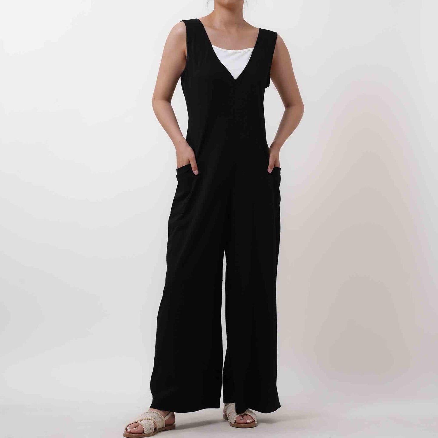 Women Solid Color Overall - Breathable Sleeveless Romper with Comfortable Loose Silhouette