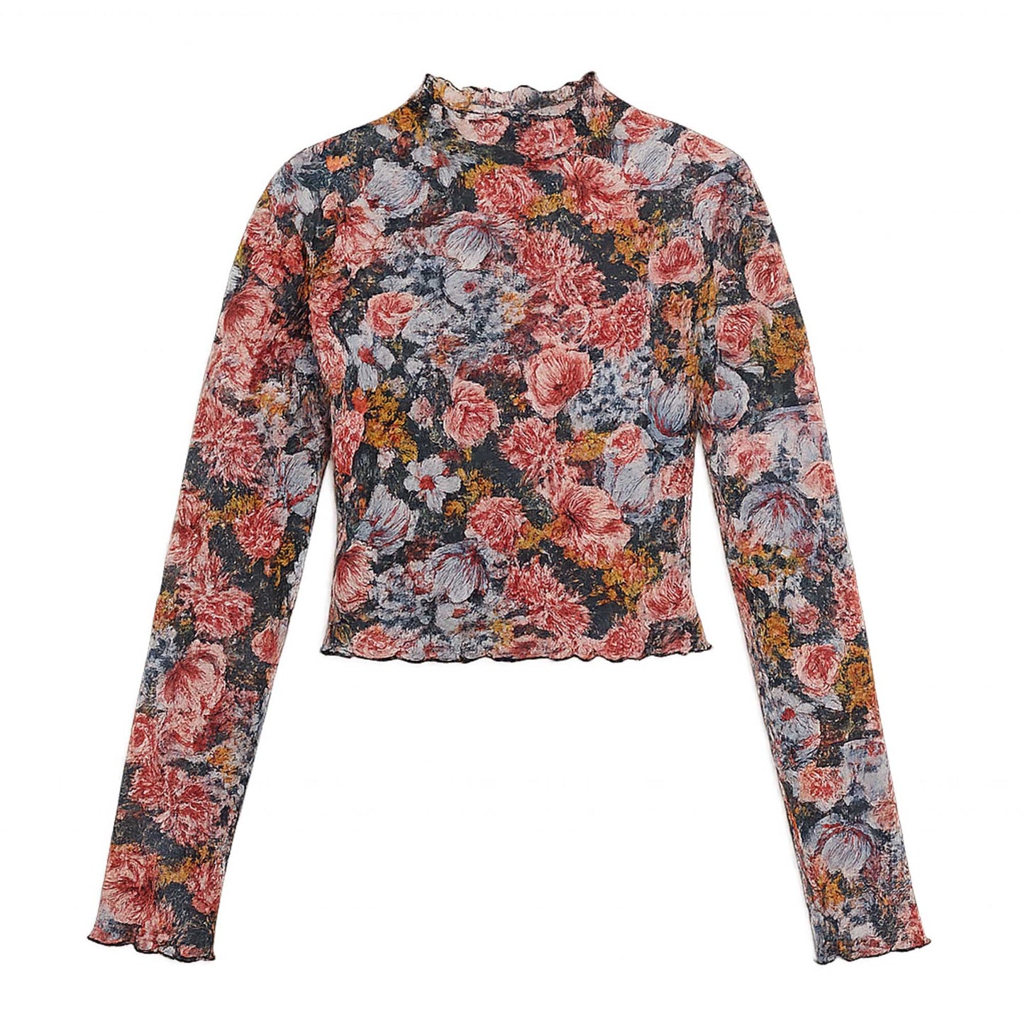 Women's Floral Mesh Long Sleeve Crop Top – Sheer Stretchy Slim Fit Turtleneck Pullover for Layering by Cherie Code