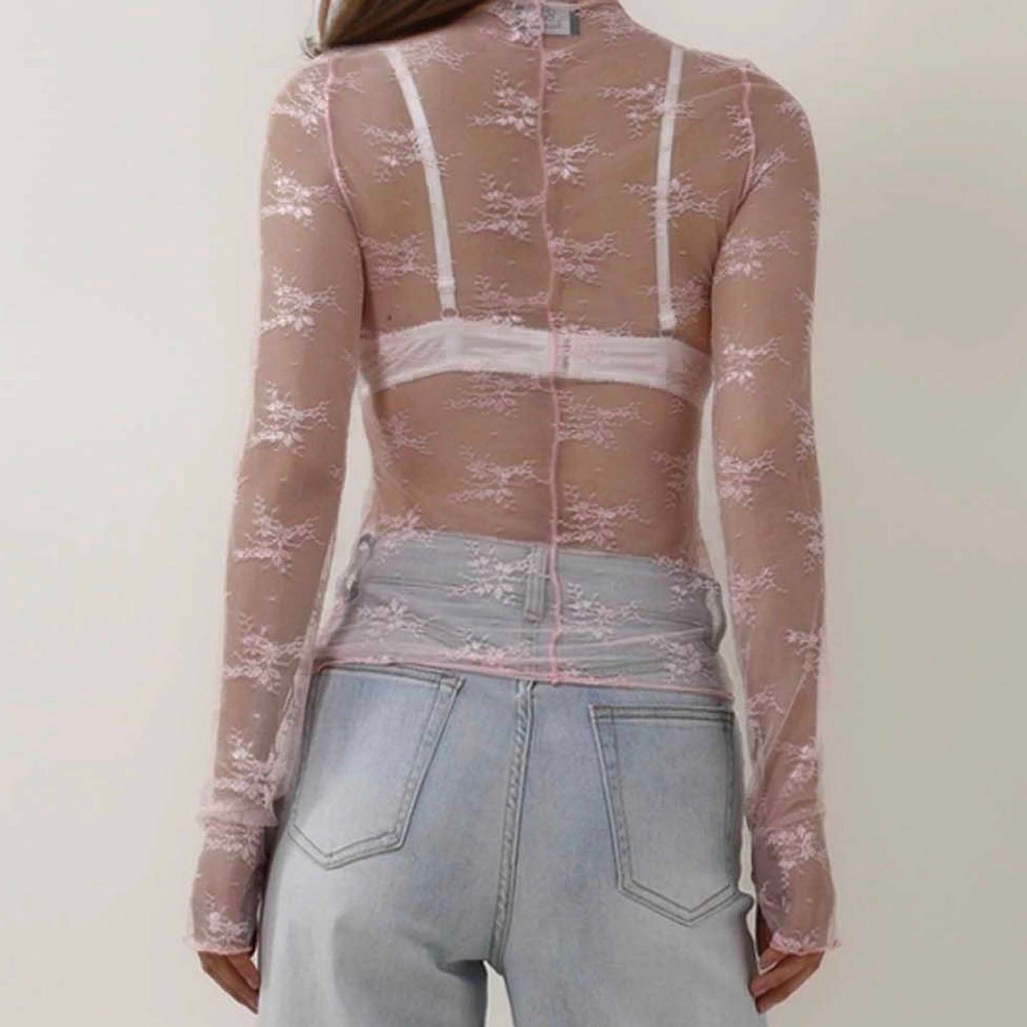 Women's Floral Lace Slim-Fit Top – Sheer Stretch Tee with Baby Overlock Edge Cherie Code