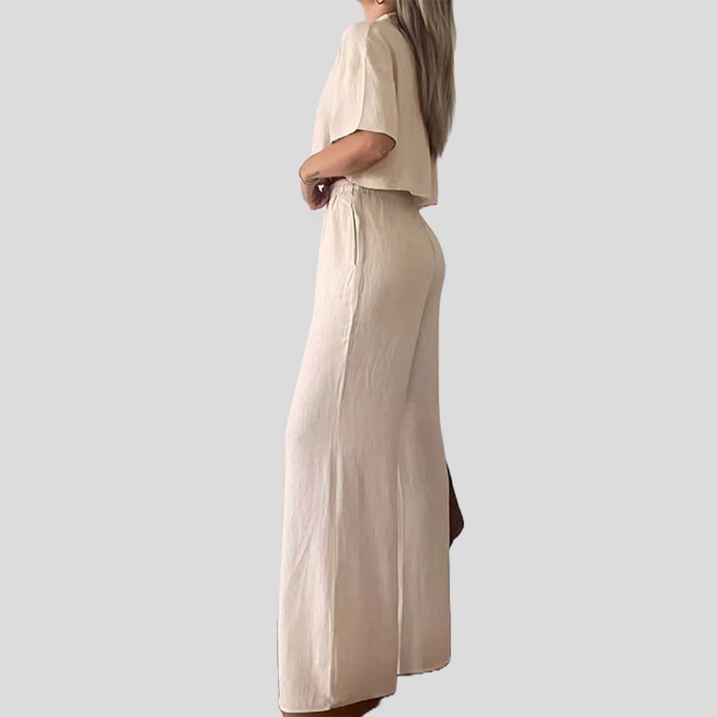 Women Set with Button-Down Top & Elastic Waist – Short Sleeve, Wide Leg, Polyester-Cotton Blend Cherie Code