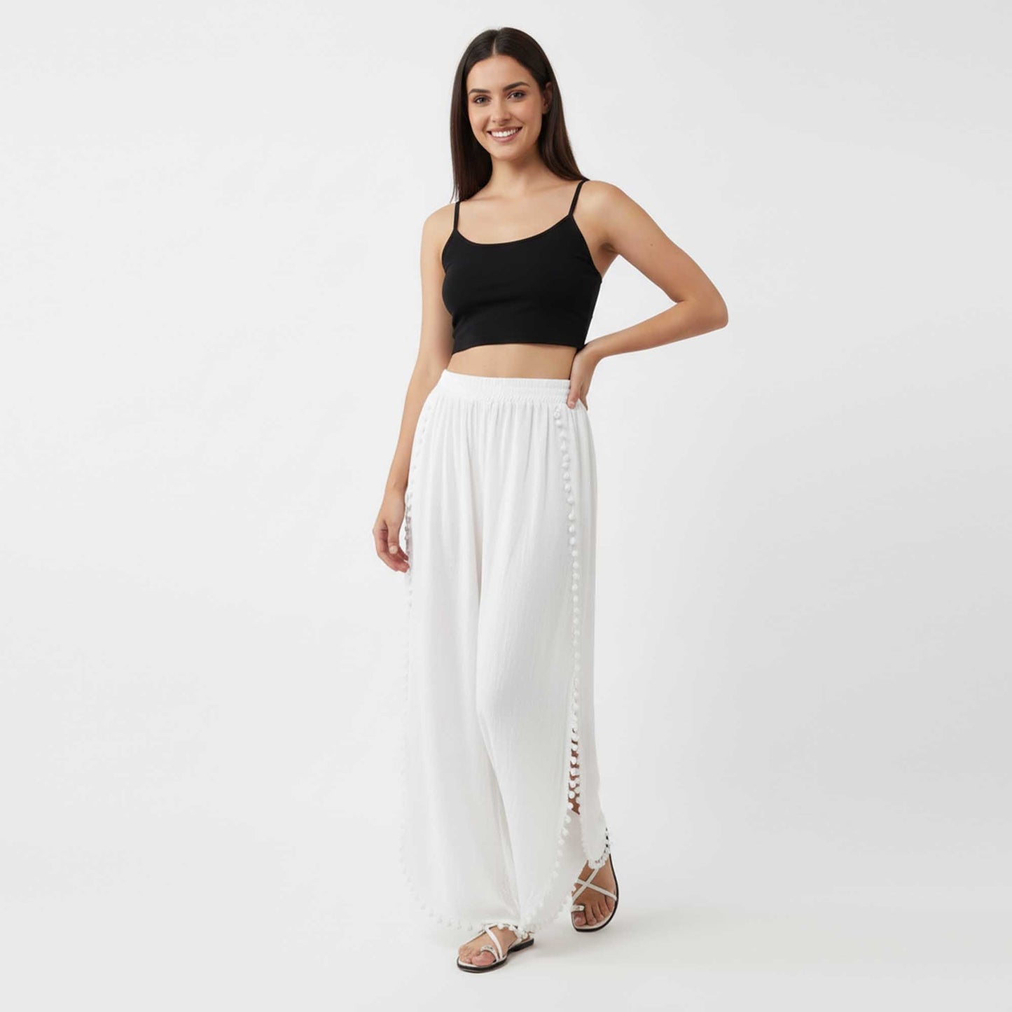 Cherie Code Women's Cotton Wide Leg Pants with Side Split and Pom Trim – Casual Fit