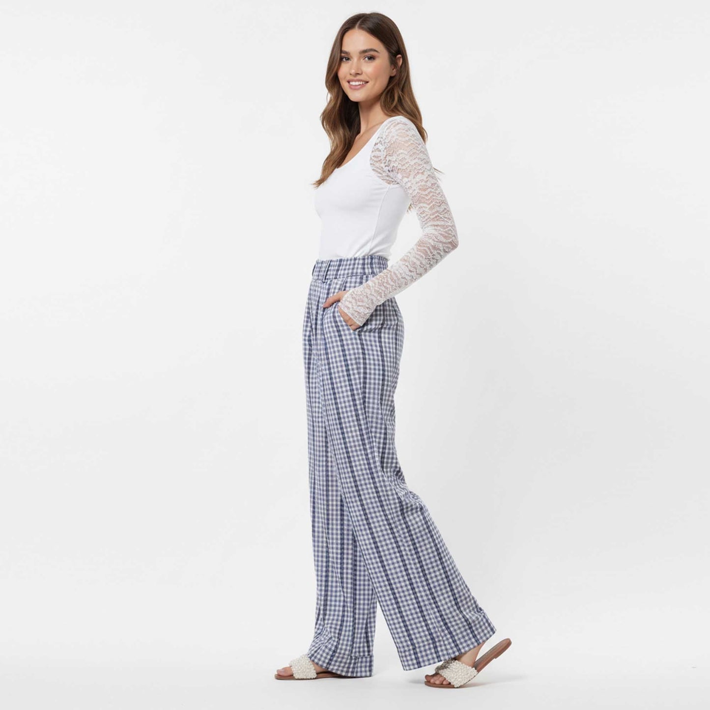 Cherie Code Women's Wide Leg Checkered Pants - Casual Cotton Blend Trousers with Elastic Waist and Pockets