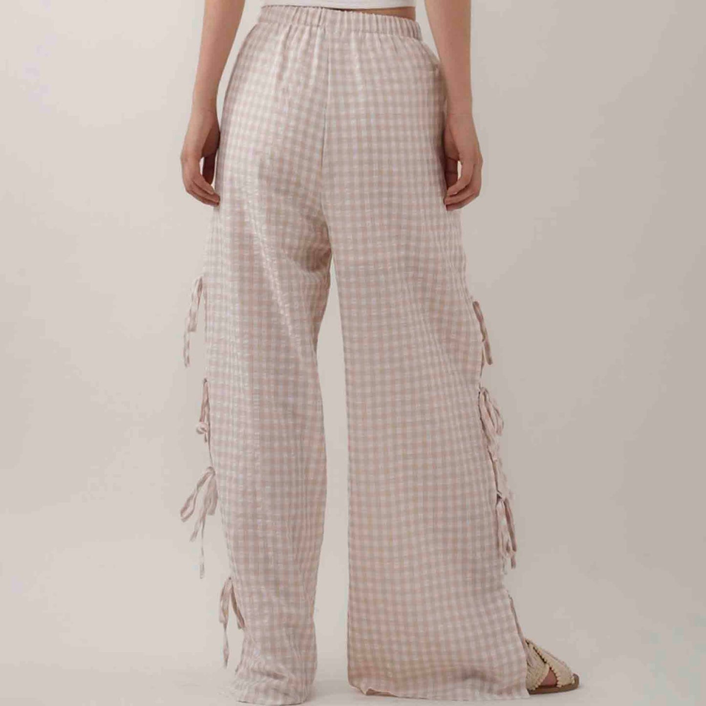 Women Everyday Checked Elastic Waist Side Strape Bowtie Casual Loungewear Pants Cherie Code