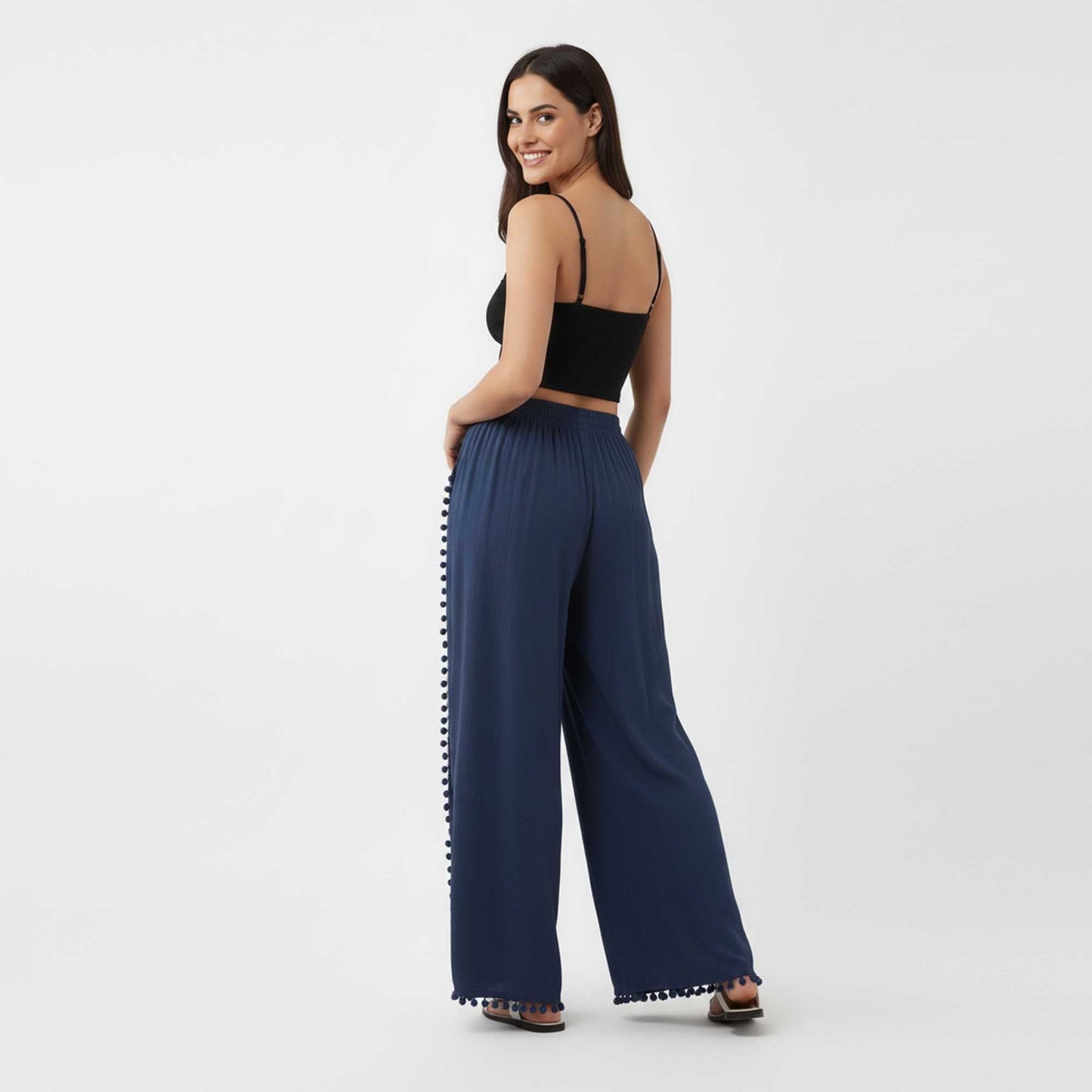 Cherie Code Women's Cotton Wide Leg Pants with Side Split and Pom Trim – Casual Fit