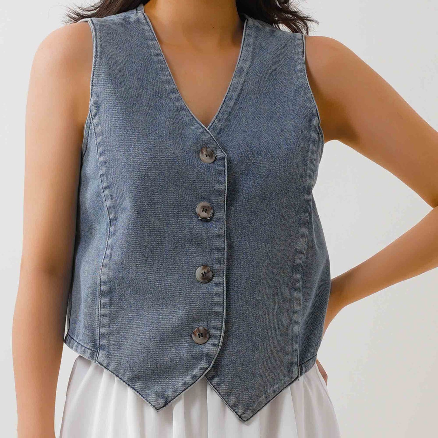 Women's Denim Sleeveless Vest - Classic Button-Up V-Neck Top Cherie Code