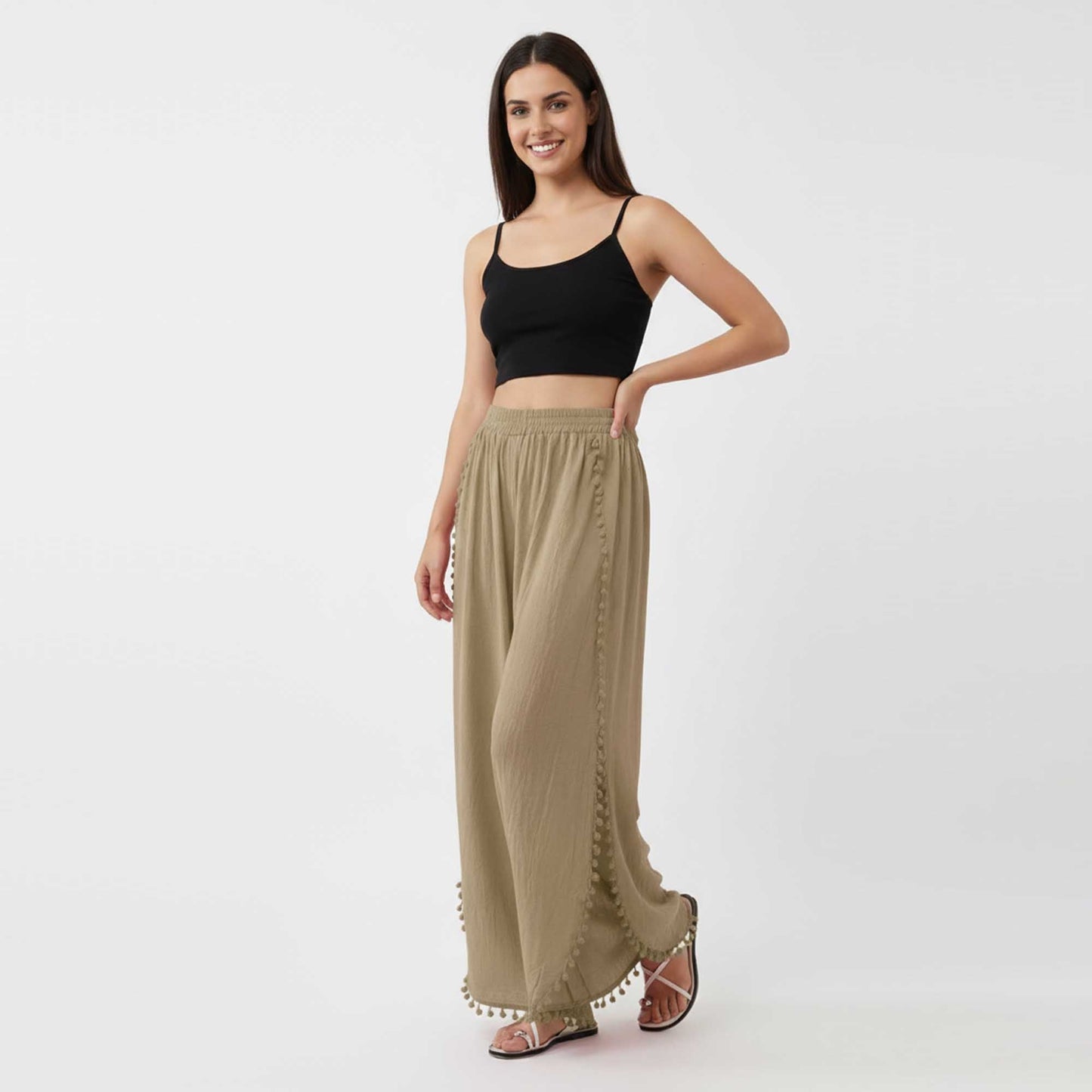 Cherie Code Women's Cotton Wide Leg Pants with Side Split and Pom Trim – Casual Fit