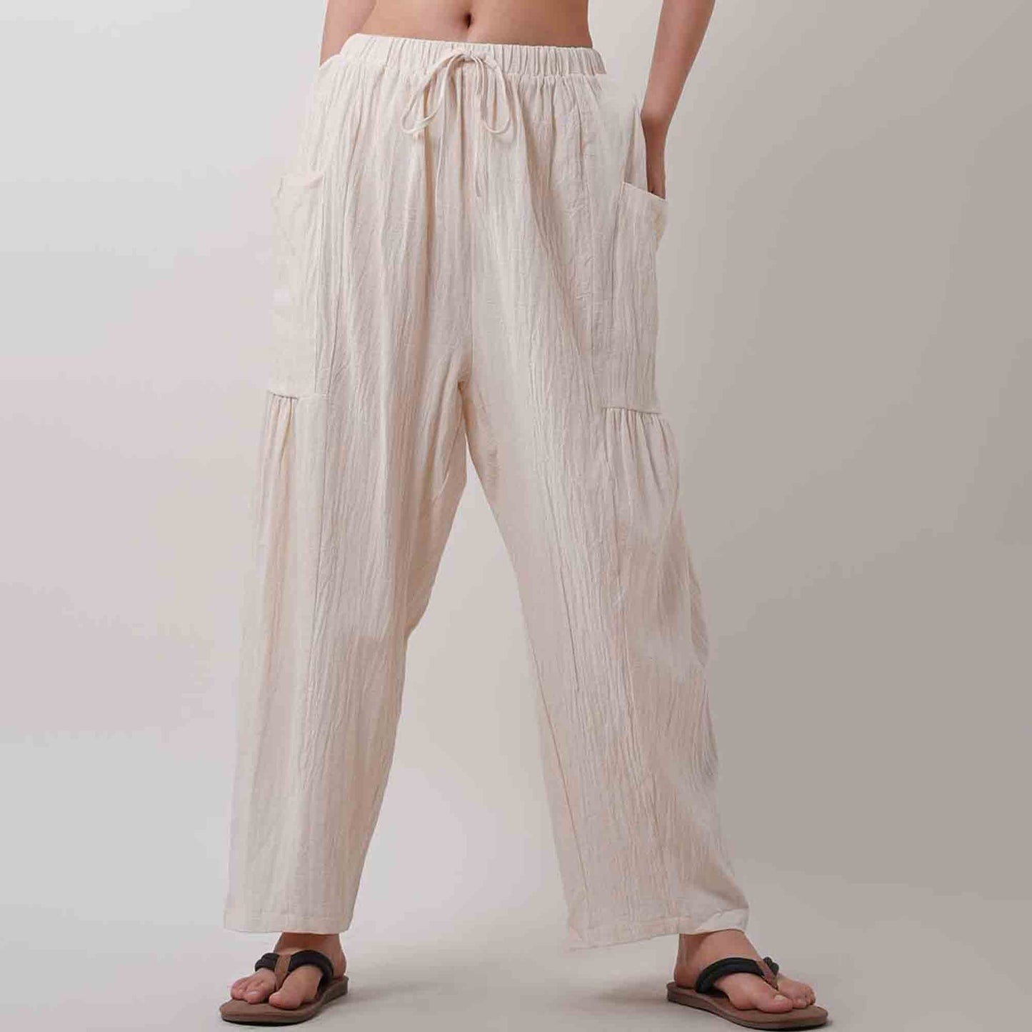 Women's Cotton Drawstring Pants - Relaxed Fit with Elastic Waist & Functional Pocket