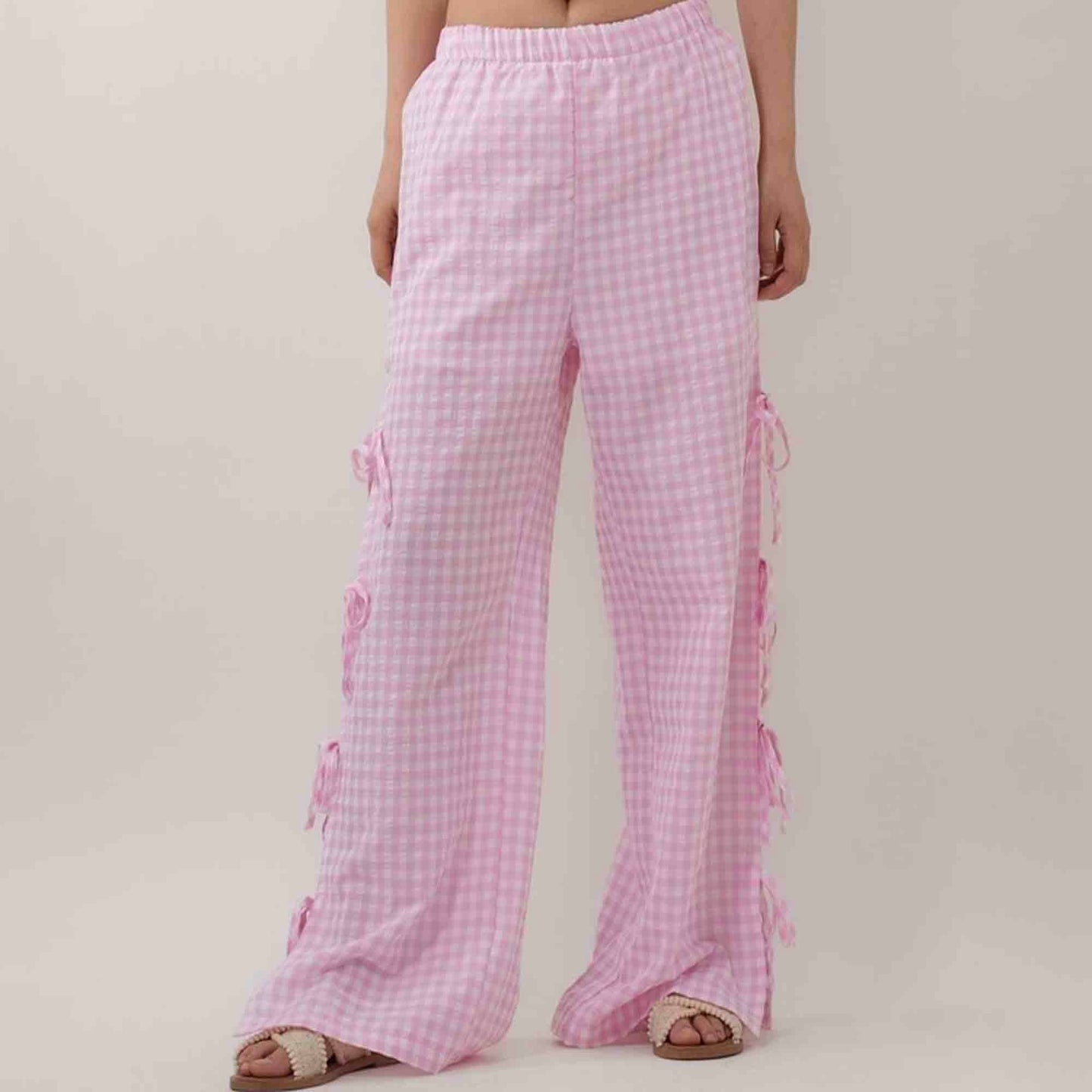Women Everyday Checked Elastic Waist Side Strape Bowtie Casual Loungewear Pants Cherie Code