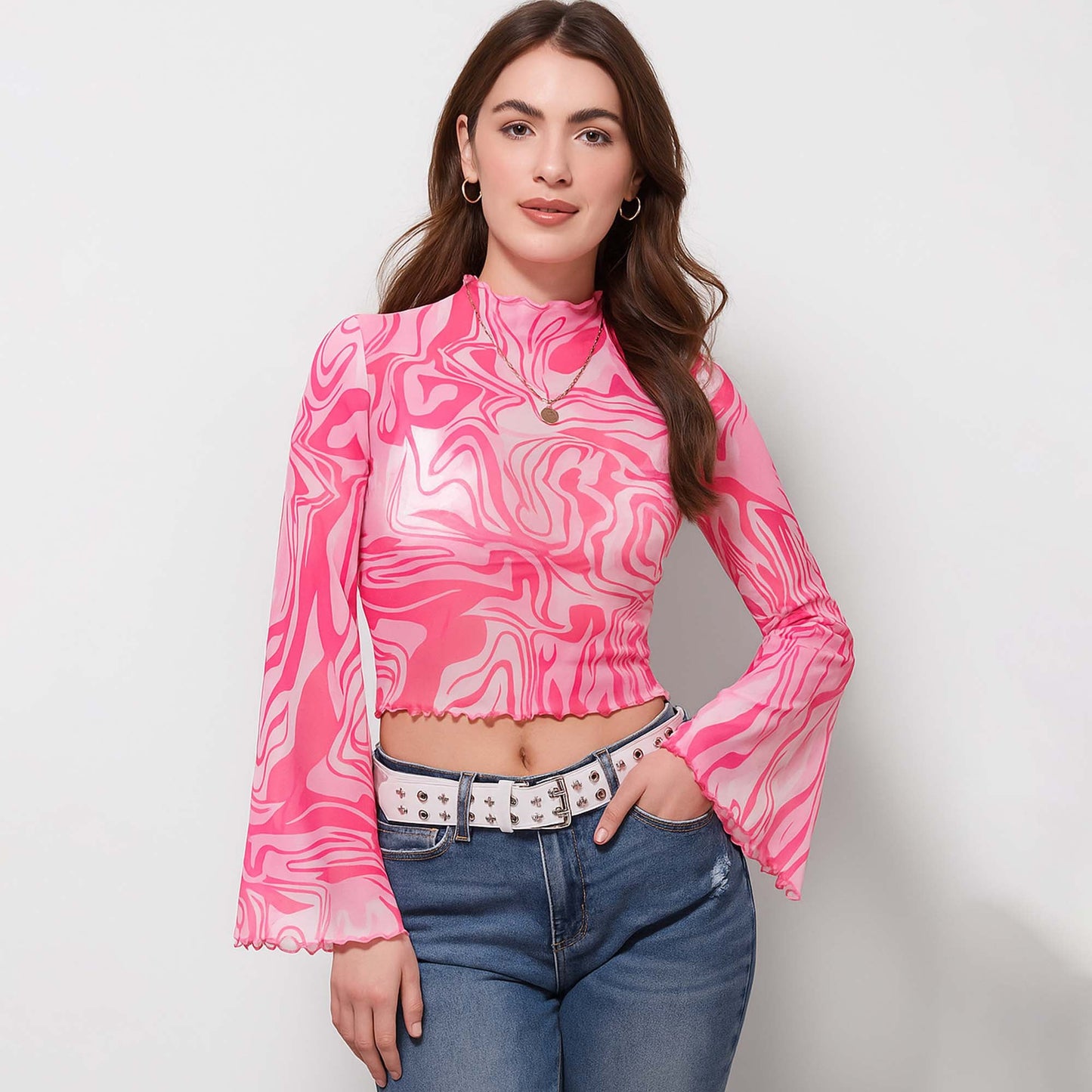 Cherie Code Women's Pink Printed Mesh Flare Sleeve Crop Top – Stretch Slim Fit Turtleneck Blouse