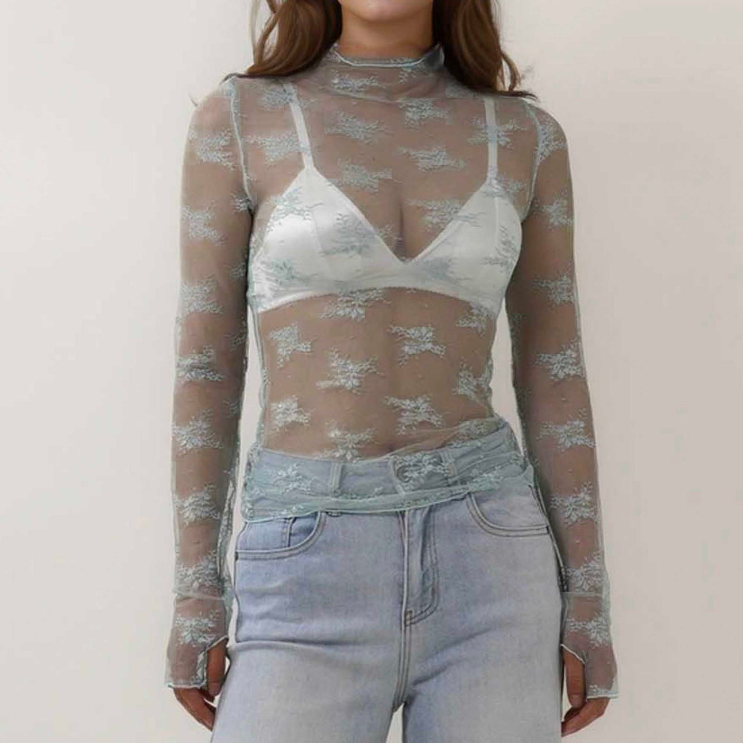 Women's Floral Lace Slim-Fit Top – Sheer Stretch Tee with Baby Overlock Edge Cherie Code
