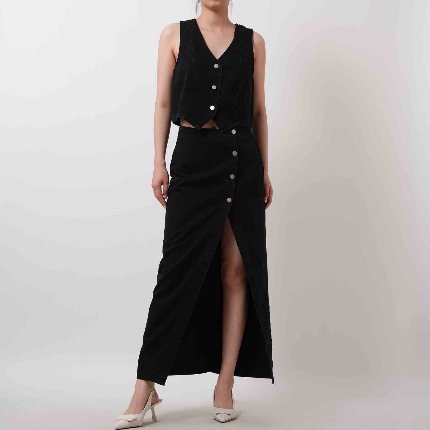 Breathable Denim Vest & Split Hem Skirt Set - Sleeveless with Button Front & Casual Fit Cherie Code