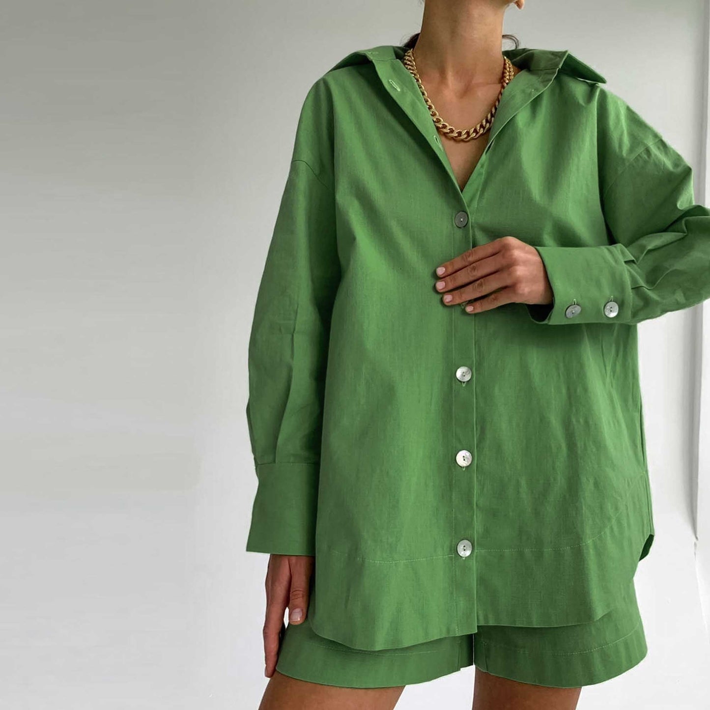 Woman Solid Shorts Set – Slim Fit Long-Sleeve Lapel Shirt & Shorts, Cotton Lined Cherie Code