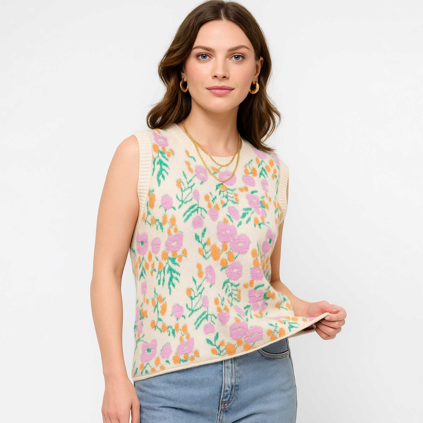 Woman Floral Knit Sleeveless Vest – 40% Acrylic Blend, Casual Fit Cherie Code