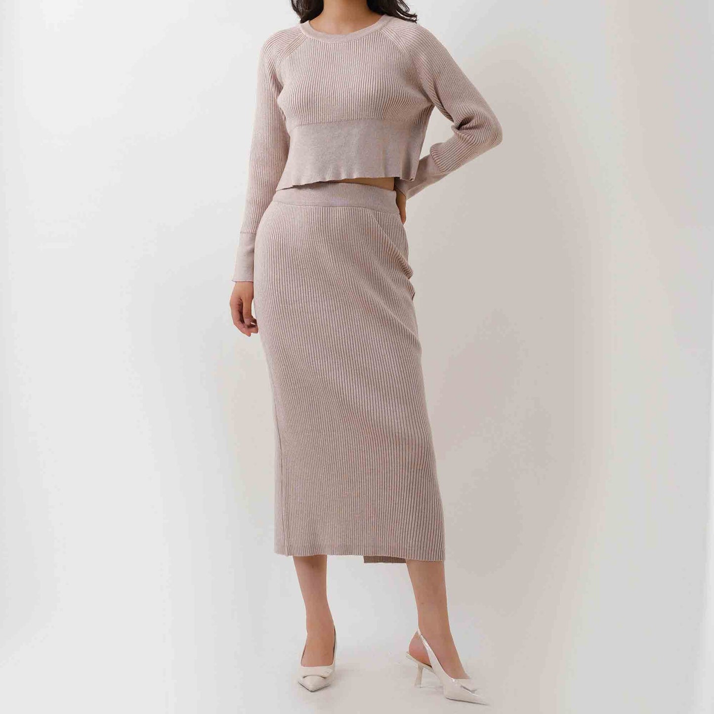 Women's Sweater Set - Stretch Knit Top & Back-Slit Midi Skirt Matching Set Cherie Code