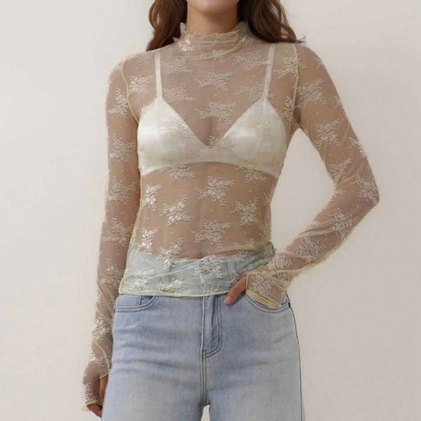 Women's Floral Lace Slim-Fit Top – Sheer Stretch Tee with Baby Overlock Edge Cherie Code